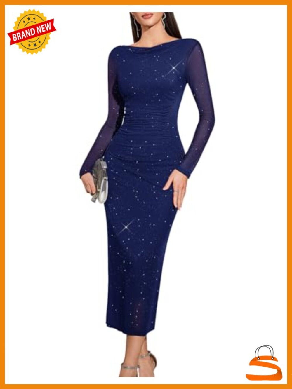 Glitter Mesh Long Sleeve Bodycon Midi Dress Cocktail Wedding Formal